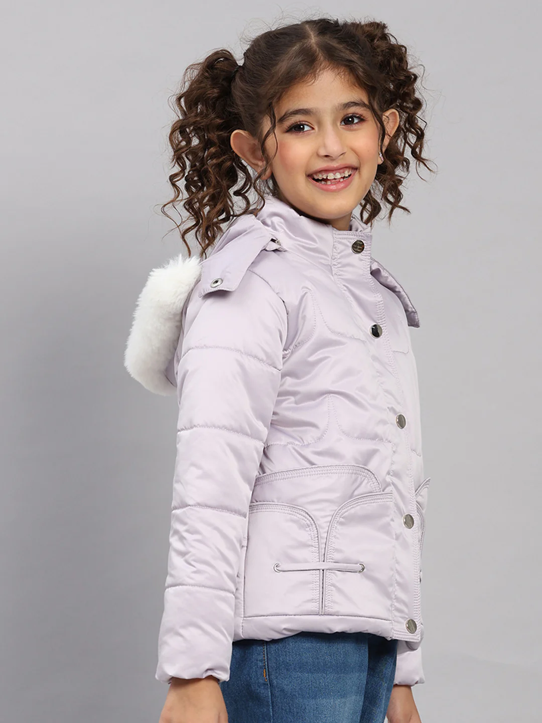 Girls Purple Solid Hooded Full Sleeve Jacket - Image 4