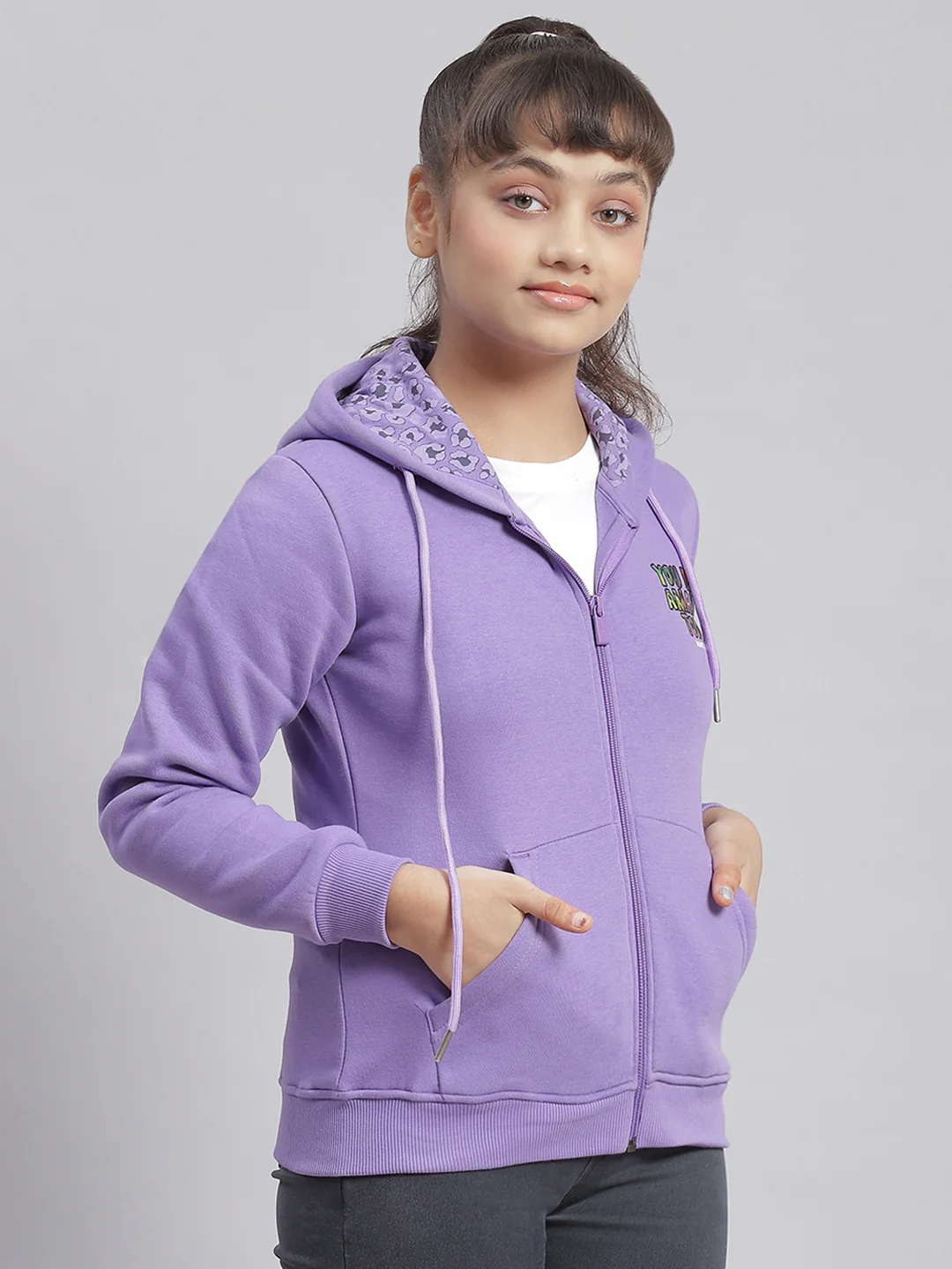 Girls Purple Solid Hooded Full Sleeve Sweatshirt - Image 4