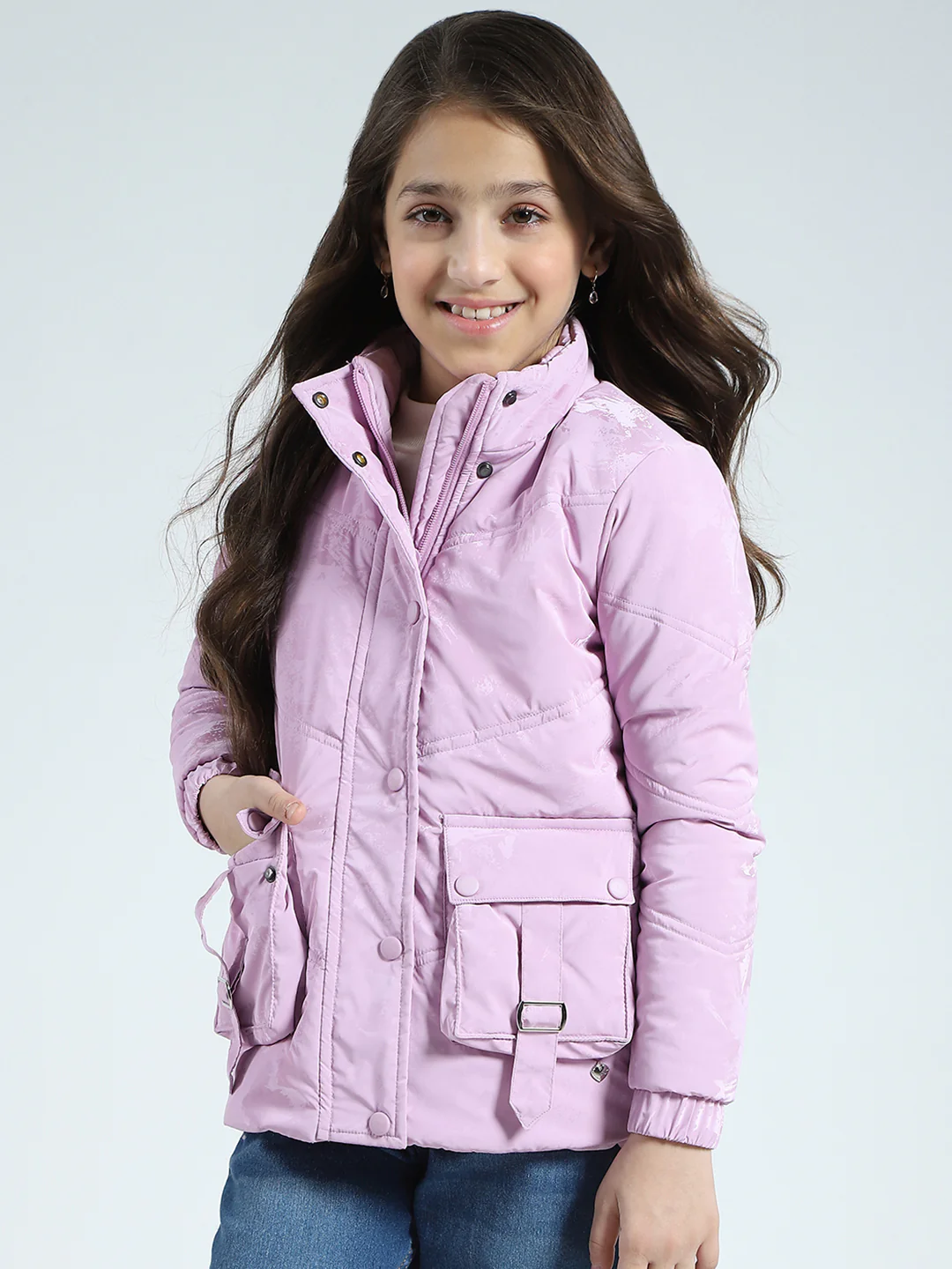 Girls Purple Solid Mock Neck Full Sleeve Jacket - Image 3