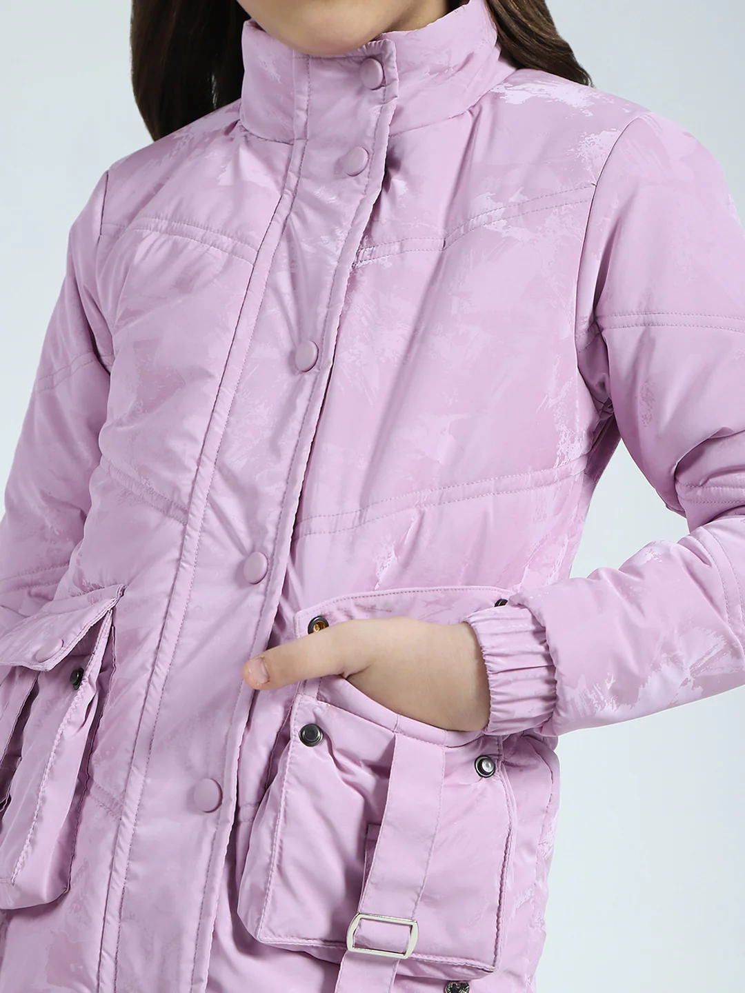 Girls Purple Solid Mock Neck Full Sleeve Jacket - Image 6