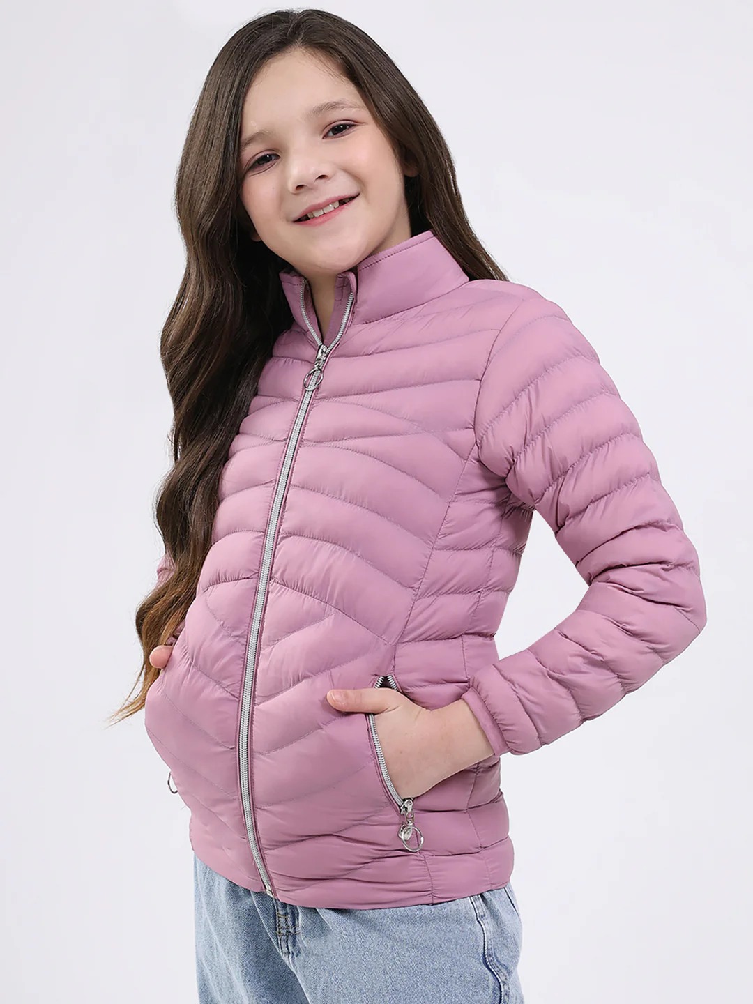 Girls Purple Solid Mock Neck Full Sleeve Jacket - Image 3