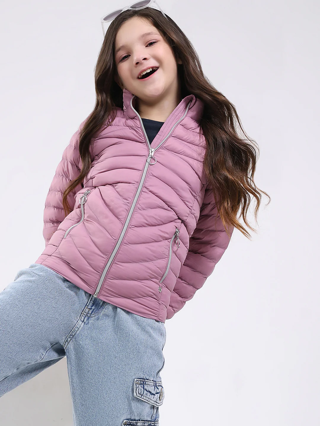 Girls Purple Solid Mock Neck Full Sleeve Jacket - Image 6