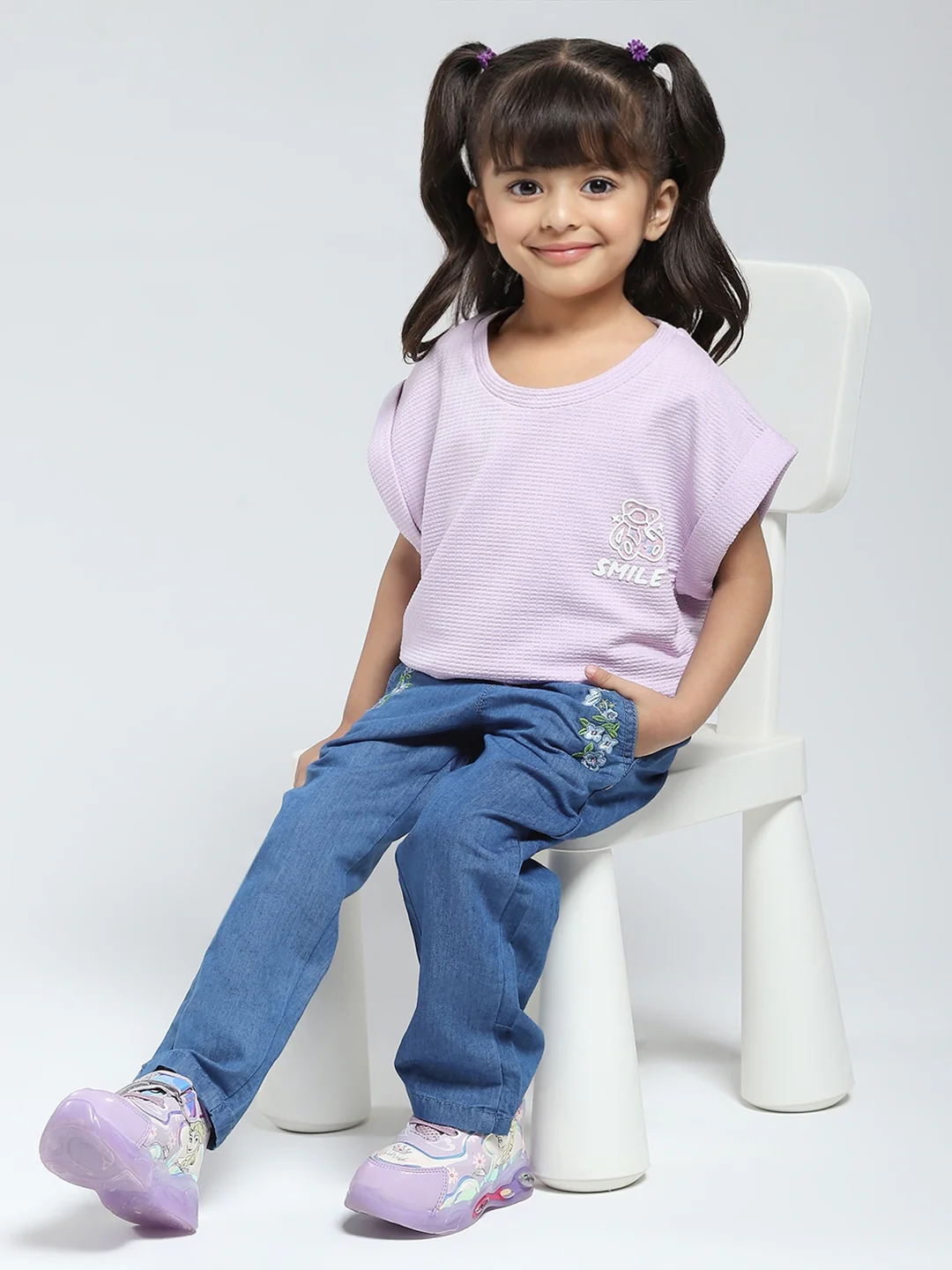 Girls Purple Solid Round Neck Half Sleeve Top - Image 2