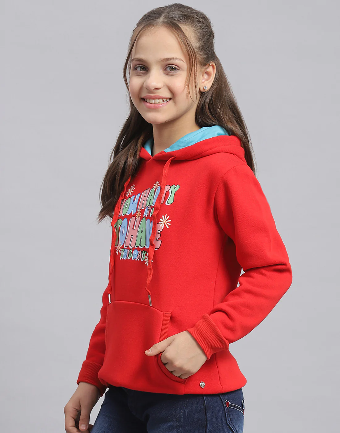 Girls Red Printed Hooded Full Sleeve Sweatshirt - Image 3
