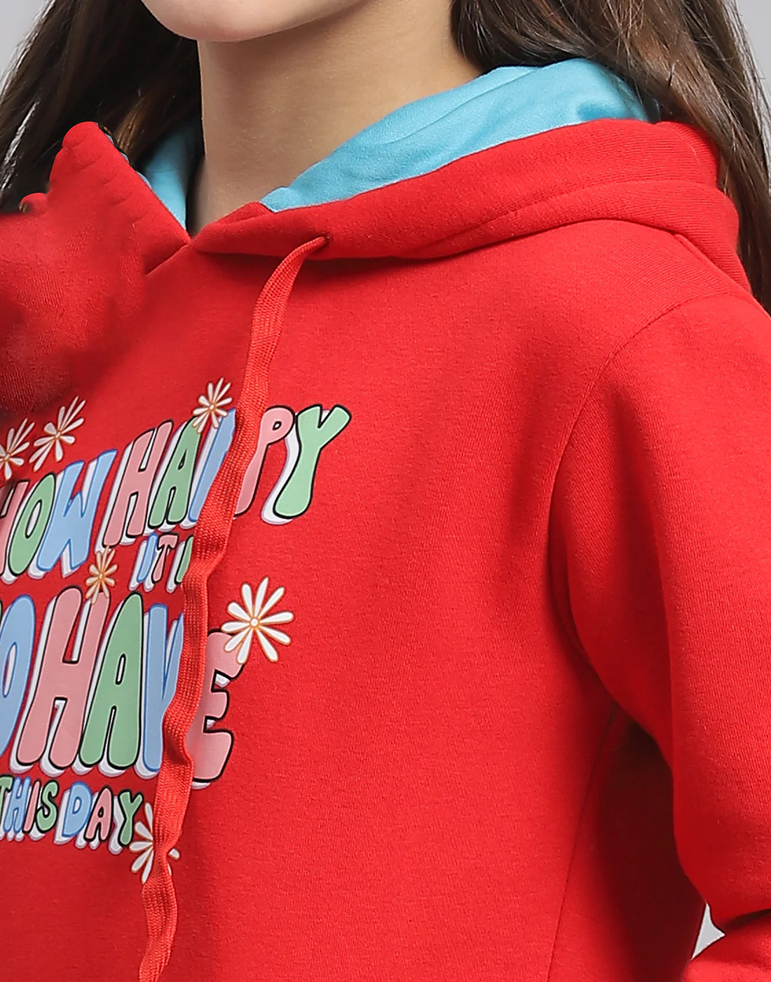 Girls Red Printed Hooded Full Sleeve Sweatshirt - Image 6