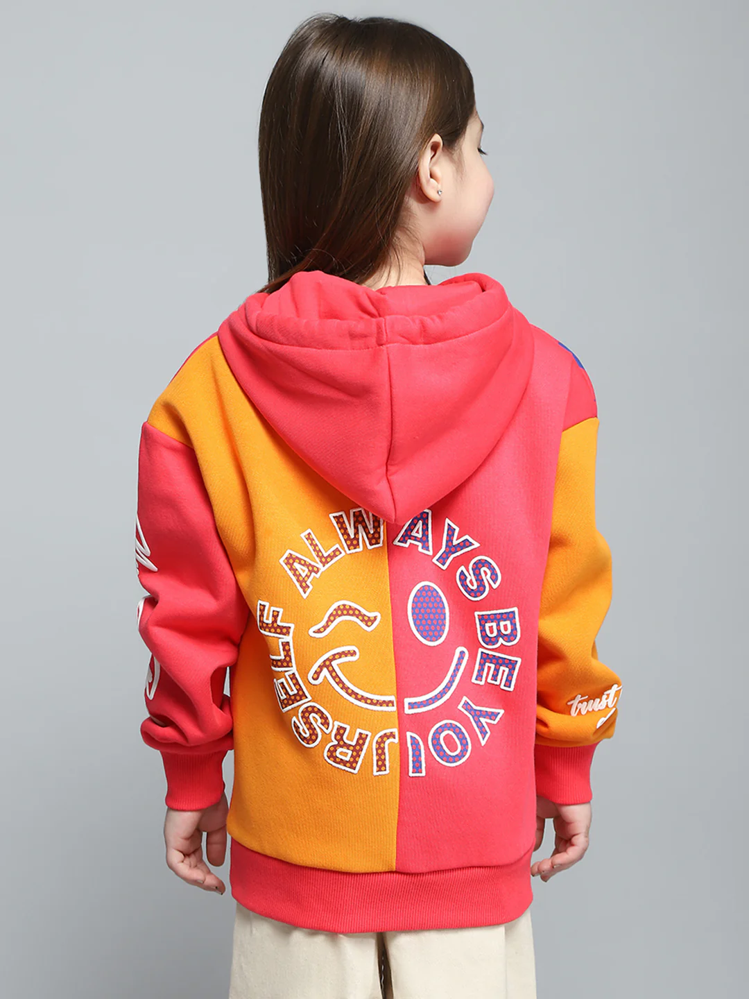 Girls Red Printed Hooded Full Sleeve Sweatshirt - Image 5