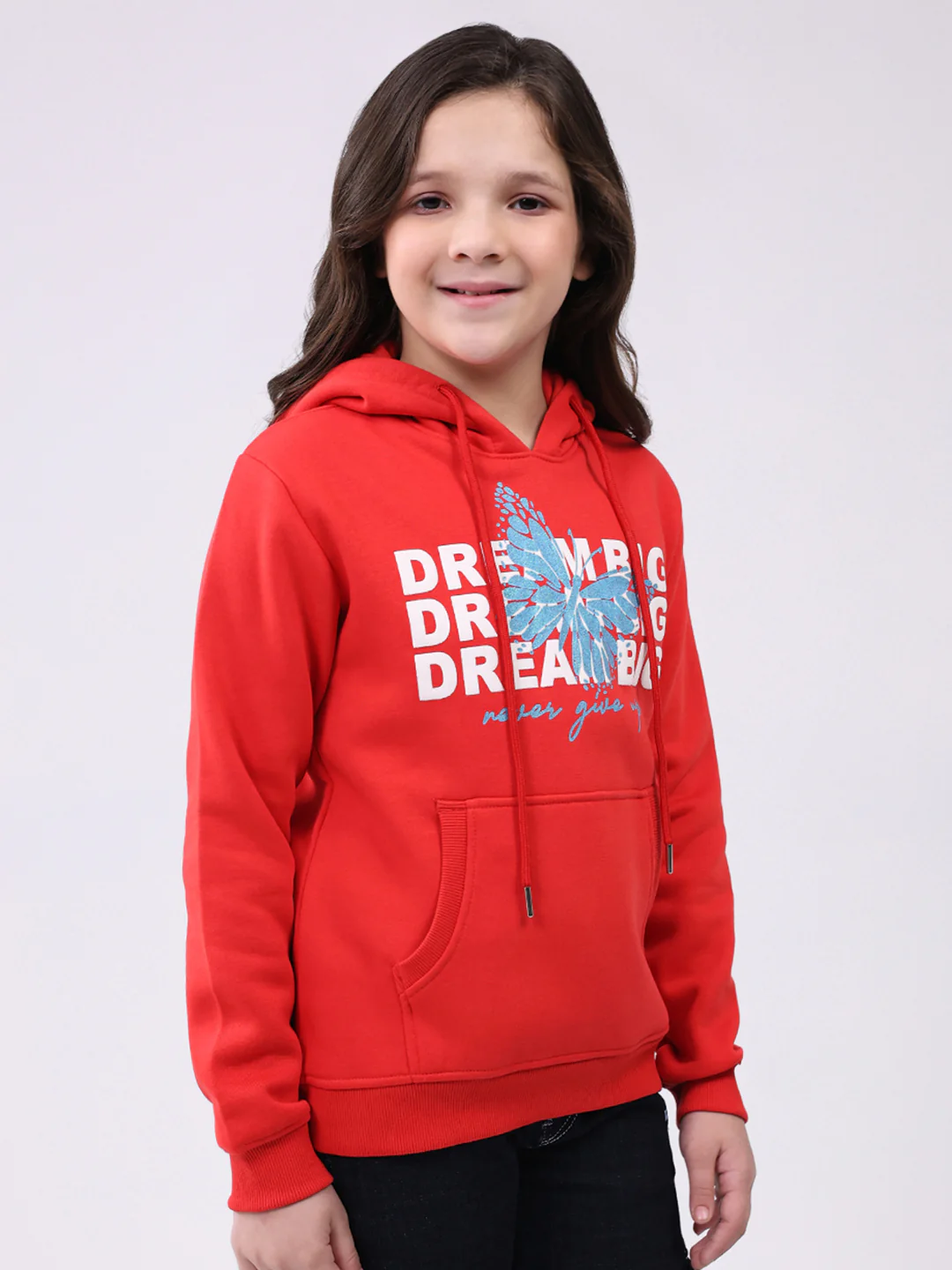 Girls Red Printed Hooded Full Sleeve Sweatshirt - Image 4