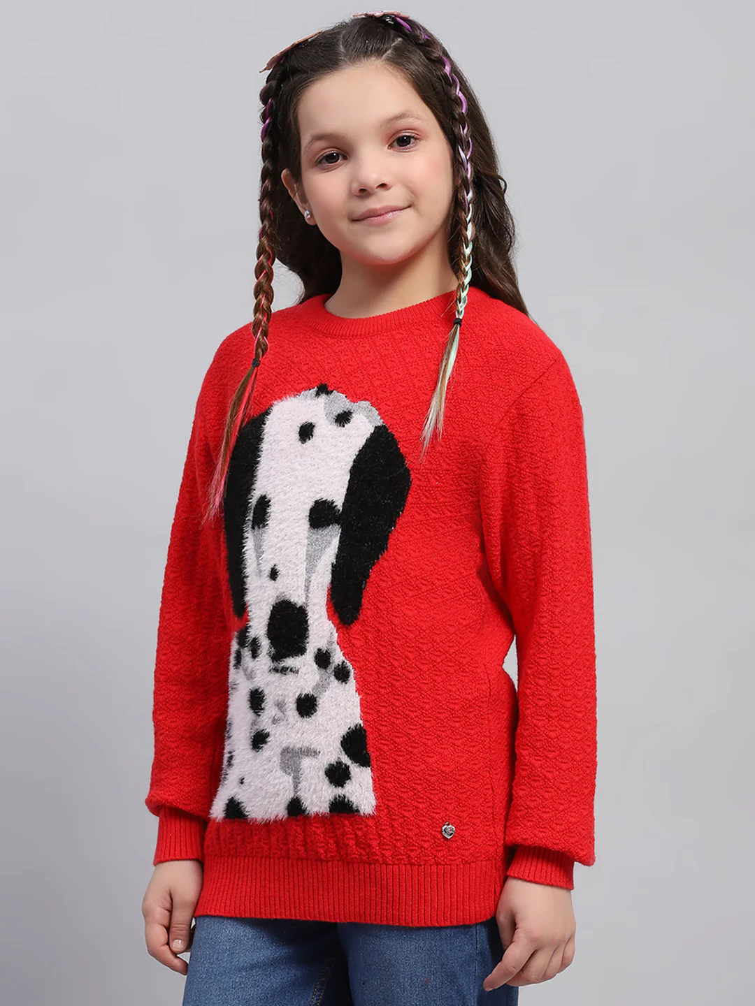 Girls Red Printed Round Neck Full Sleeve Winter Top - Image 3