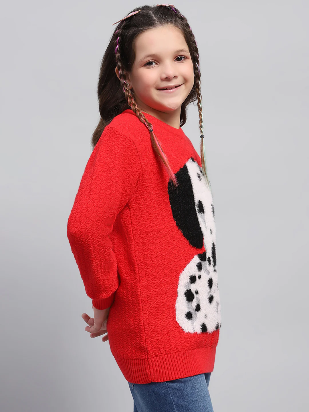 Girls Red Printed Round Neck Full Sleeve Winter Top - Image 4