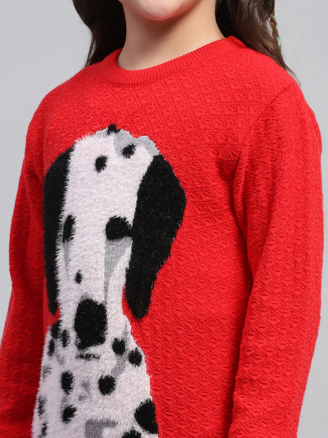 Girls Red Printed Round Neck Full Sleeve Winter Top - Image 6