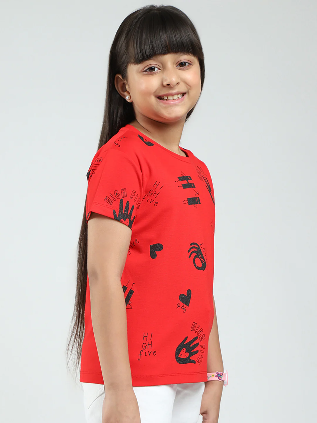 Girls Red Printed Round Neck Half Sleeve Top - Image 4