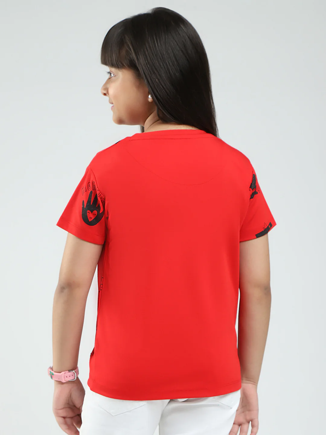 Girls Red Printed Round Neck Half Sleeve Top - Image 5