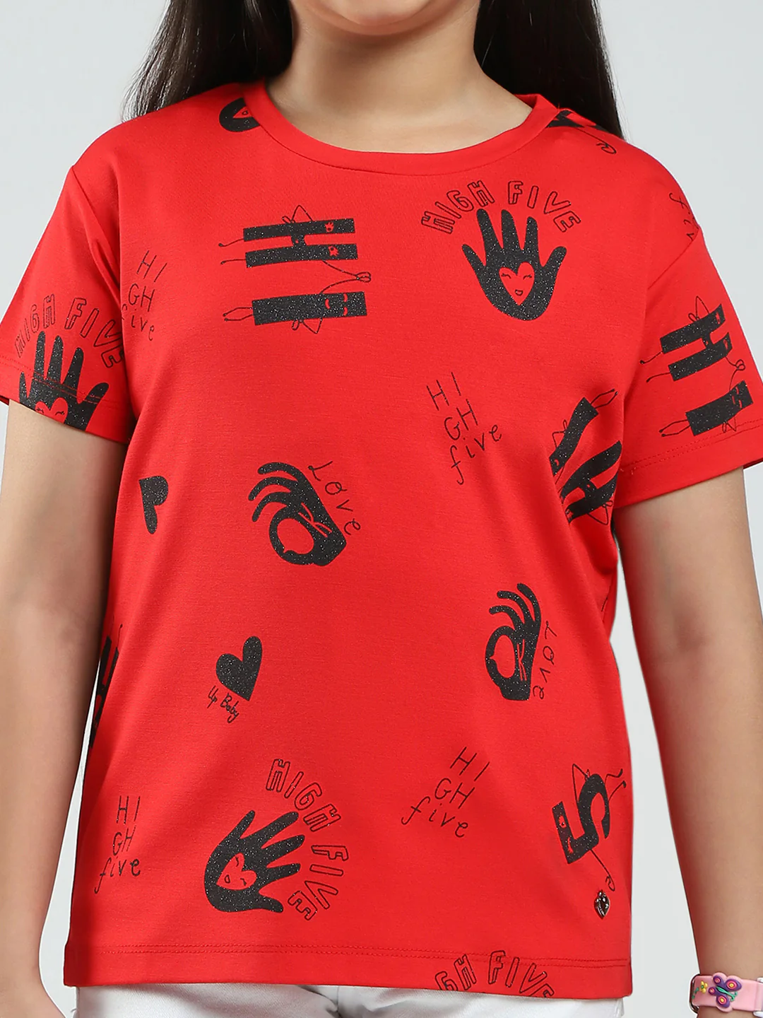 Girls Red Printed Round Neck Half Sleeve Top - Image 6