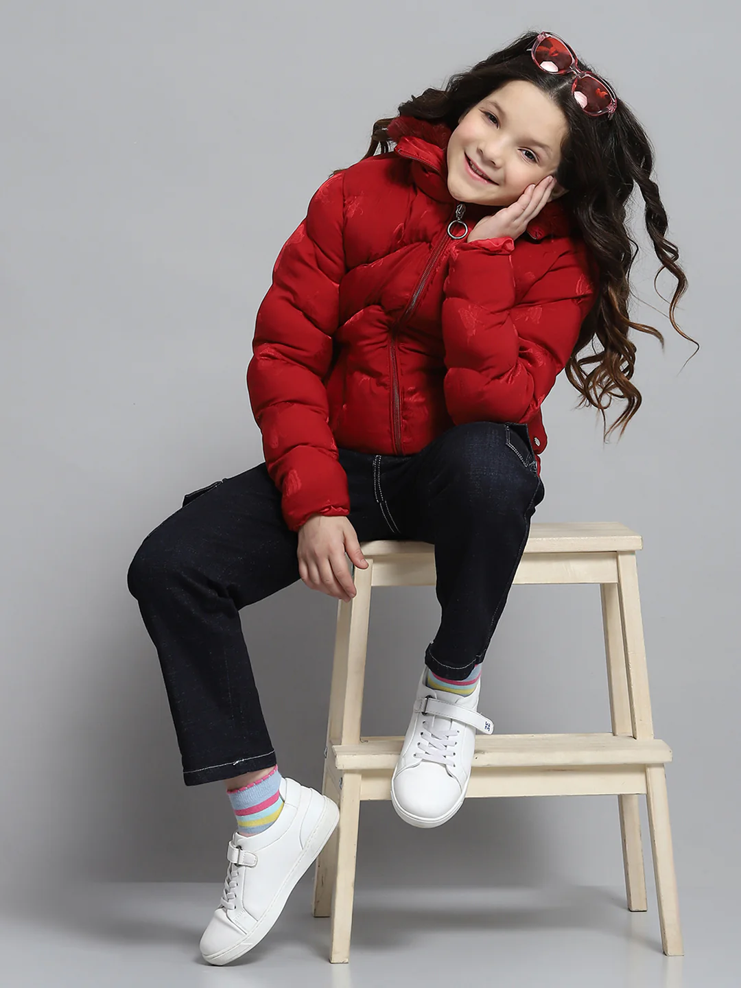 Girls Red Self Design Collar Full Sleeve Jacket - Image 2