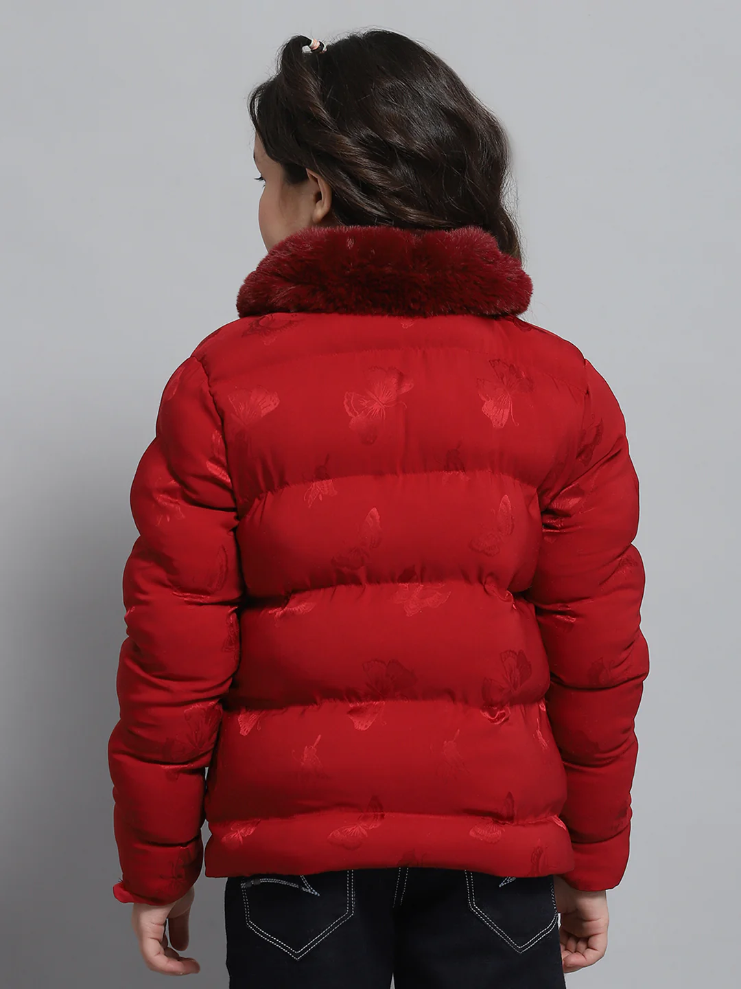 Girls Red Self Design Collar Full Sleeve Jacket - Image 5