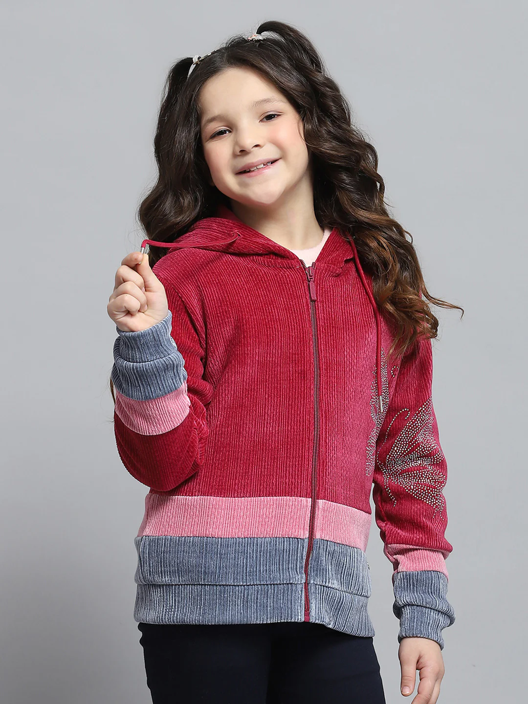 Girls Red Self Design Hooded Full Sleeve Sweatshirt - Image 4