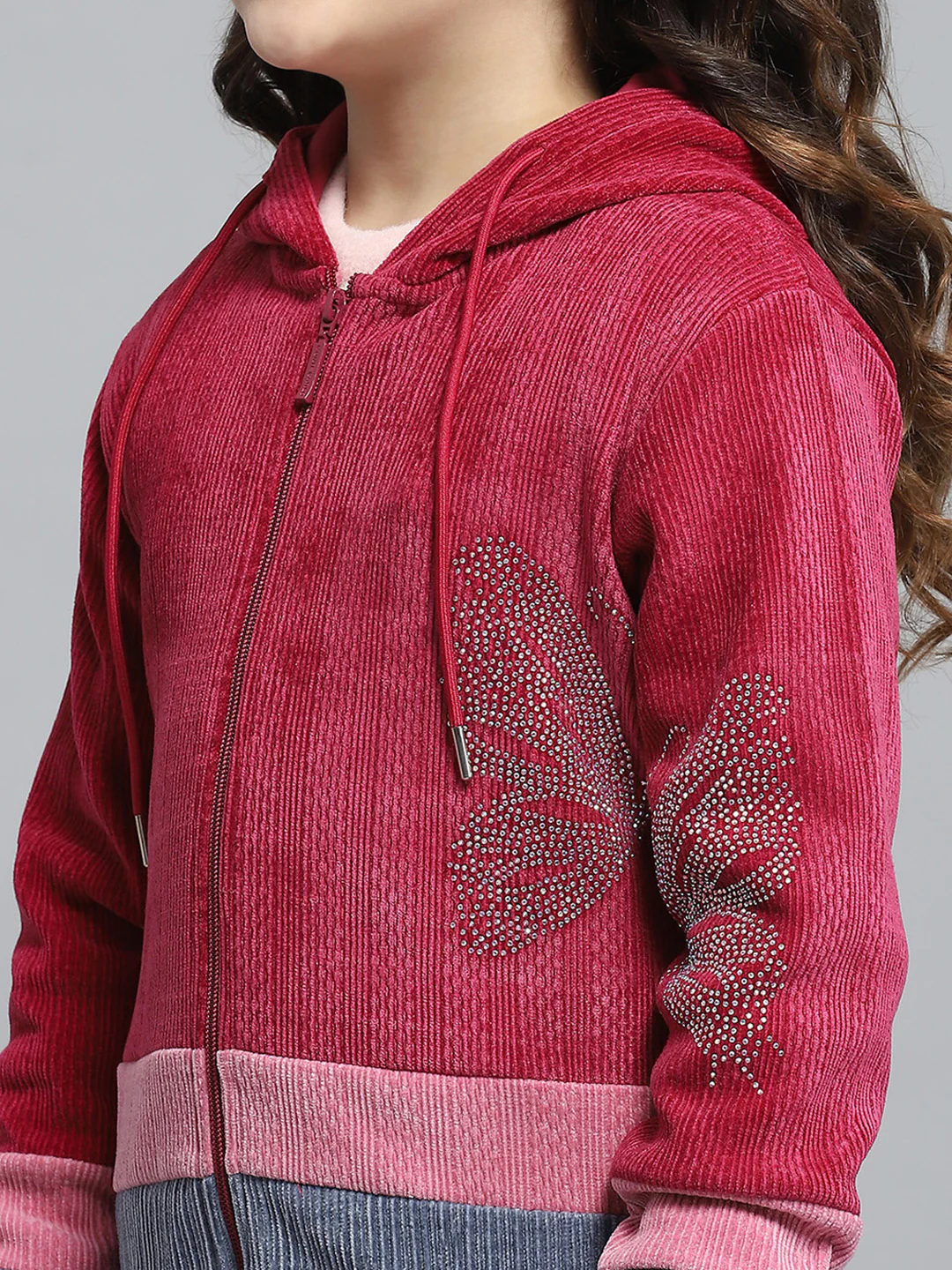 Girls Red Self Design Hooded Full Sleeve Sweatshirt - Image 7