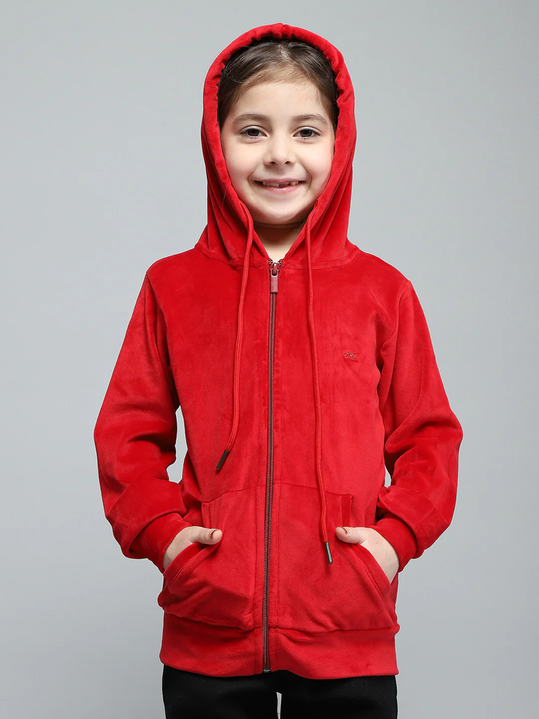 Girls Red Solid Hooded Full Sleeve Sweatshirt