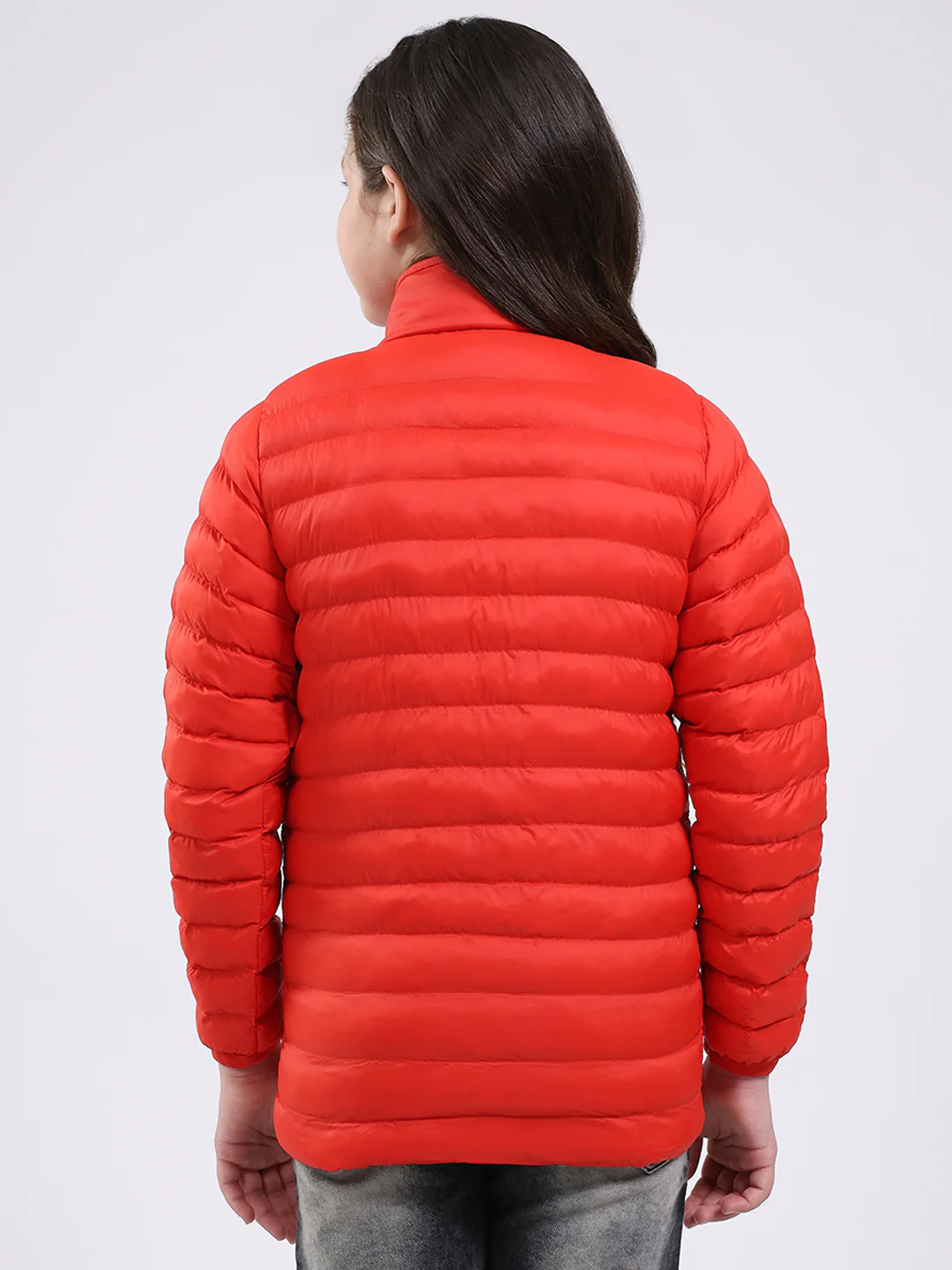 Girls Red Solid Mock Neck Full Sleeve Jacket - Image 5