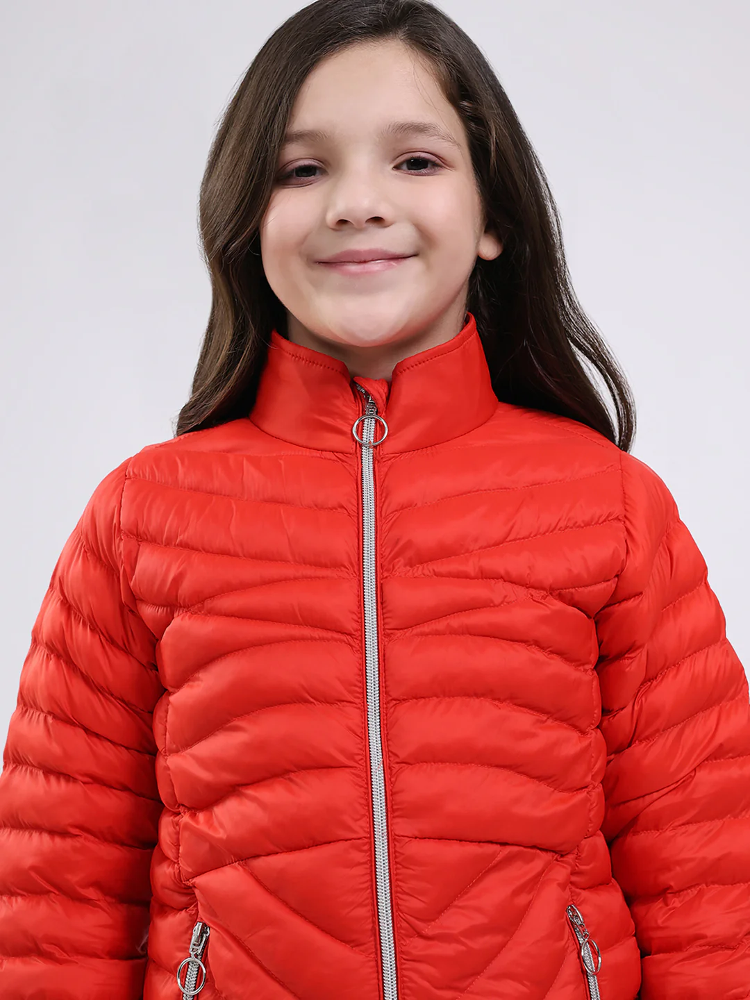 Girls Red Solid Mock Neck Full Sleeve Jacket - Image 7