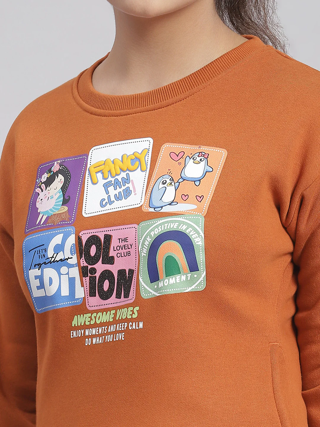 Girls Rust Printed Round Neck Full Sleeve Sweatshirt - Image 7