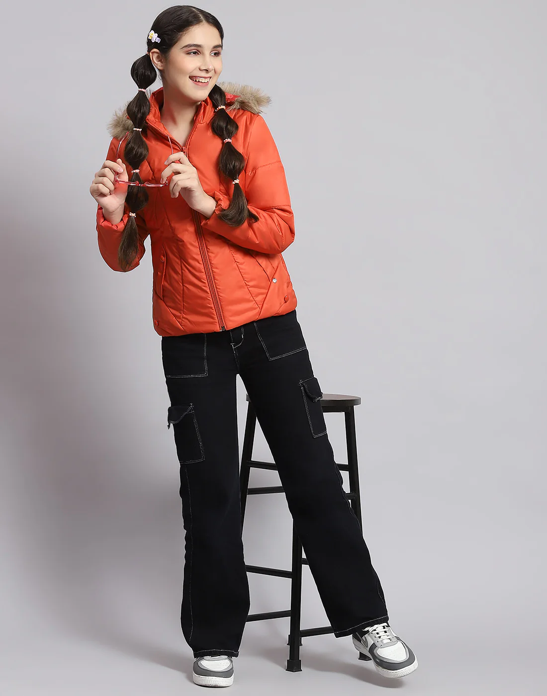 Girls Rust Solid Hooded Full Sleeve Girls Jacket - Image 2