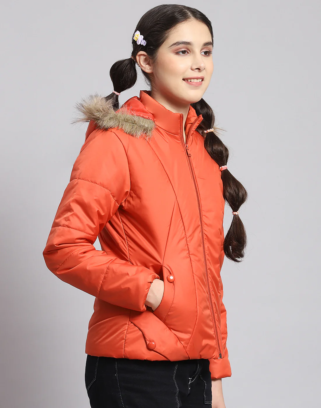 Girls Rust Solid Hooded Full Sleeve Girls Jacket - Image 4