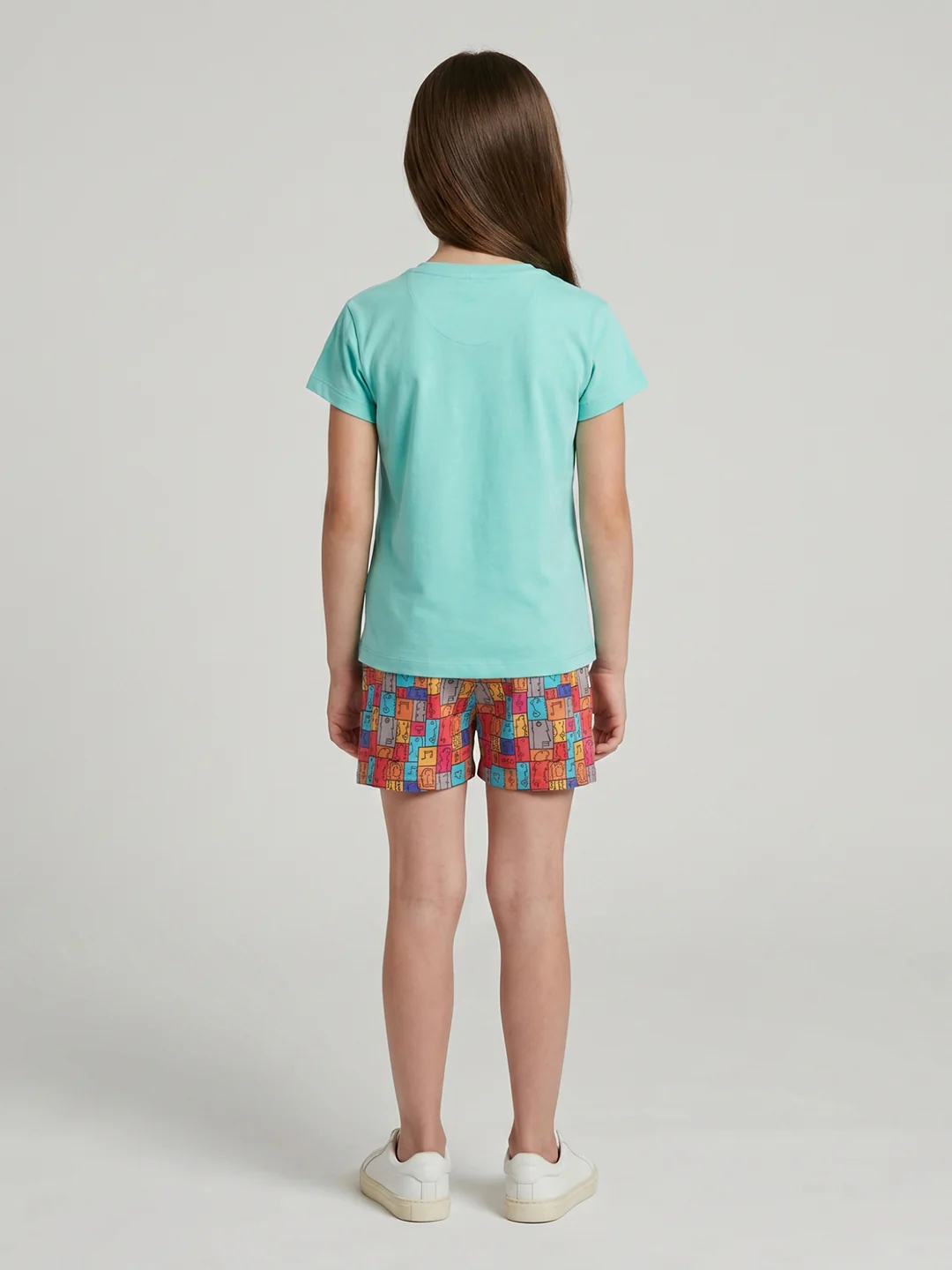 Girls Sea Green Printed Round Neck Half Sleeve Shorts Set - Image 4