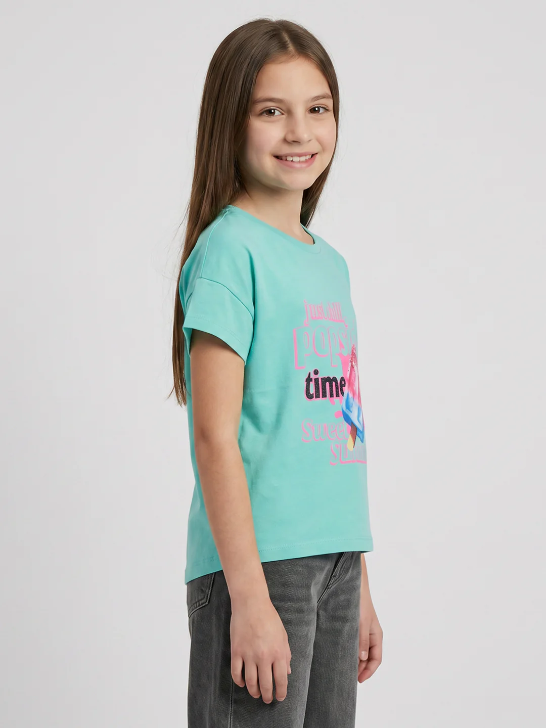 Girls Sea Green Printed Round Neck Half Sleeve Top - Image 2
