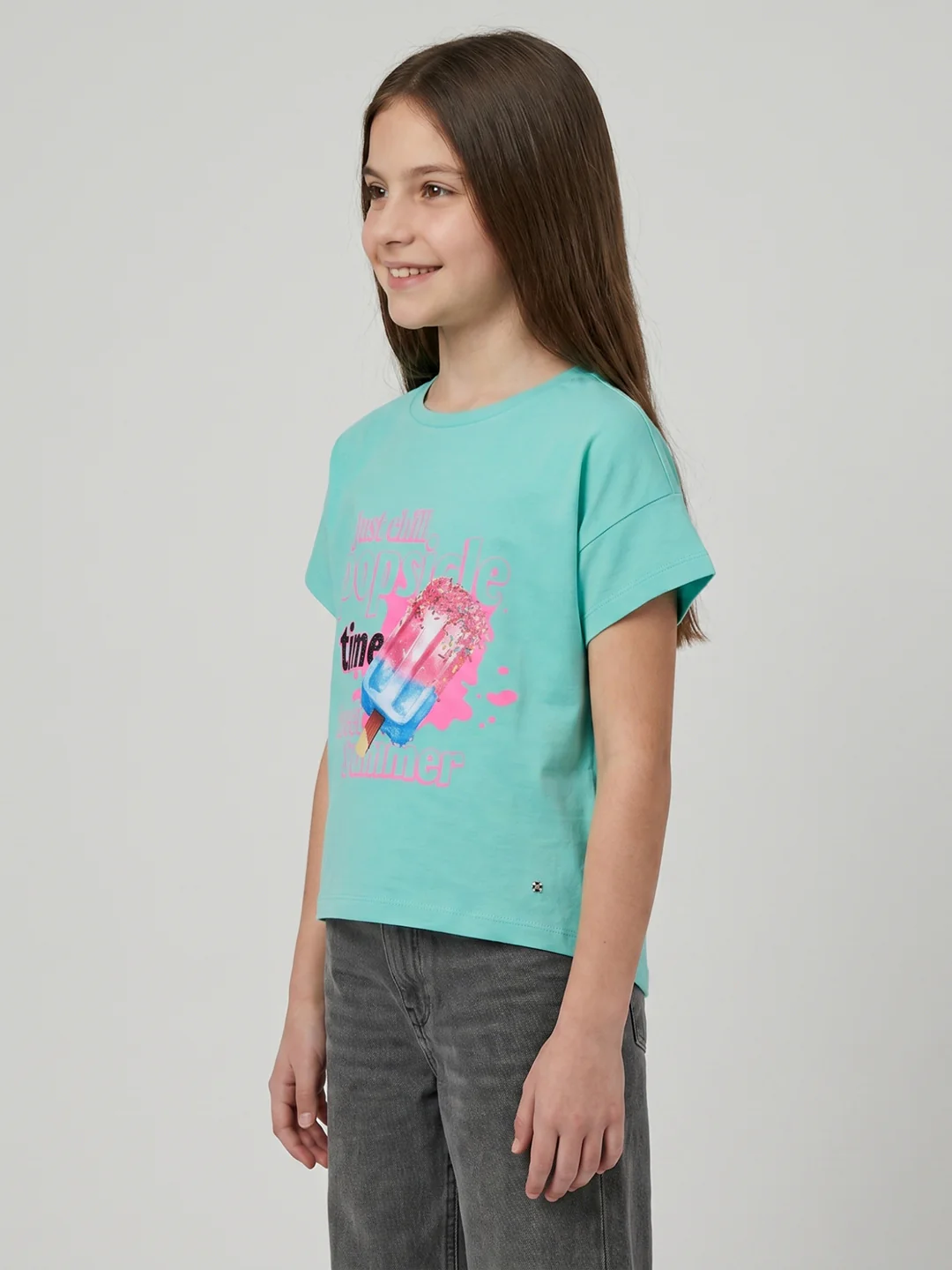 Girls Sea Green Printed Round Neck Half Sleeve Top - Image 3