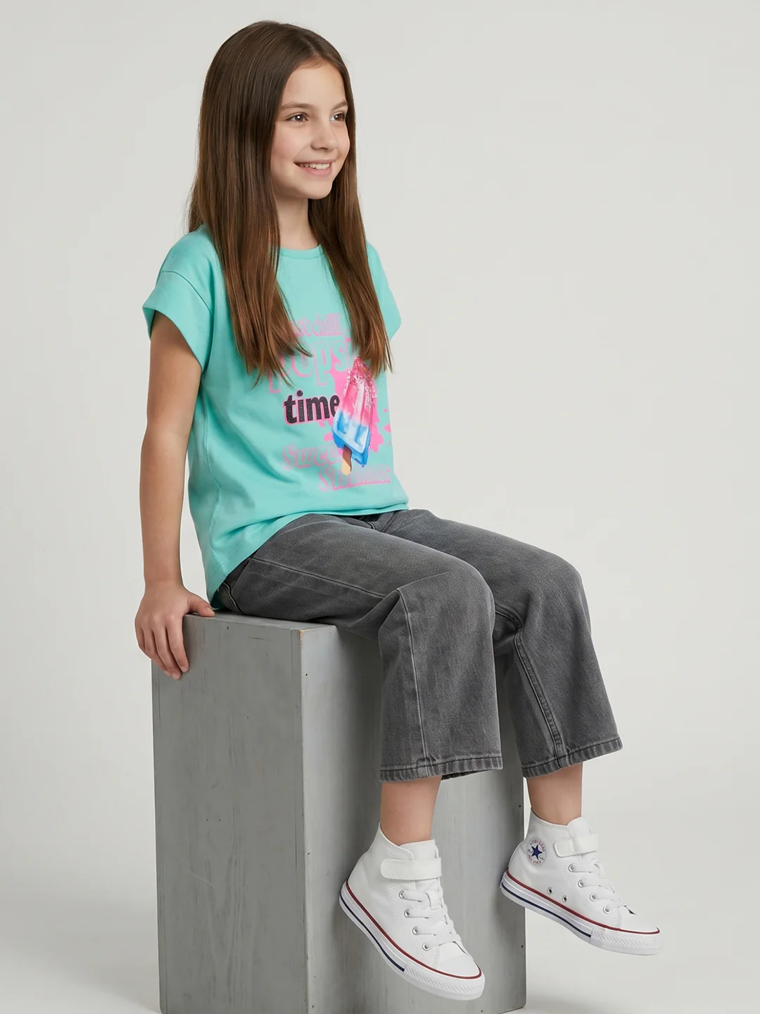 Girls Sea Green Printed Round Neck Half Sleeve Top - Image 5
