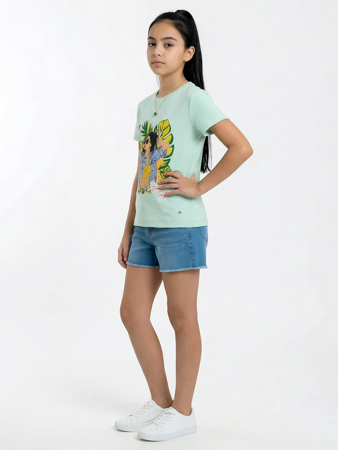 Girls Sea Green Printed Round Neck Half Sleeve Top - Image 3
