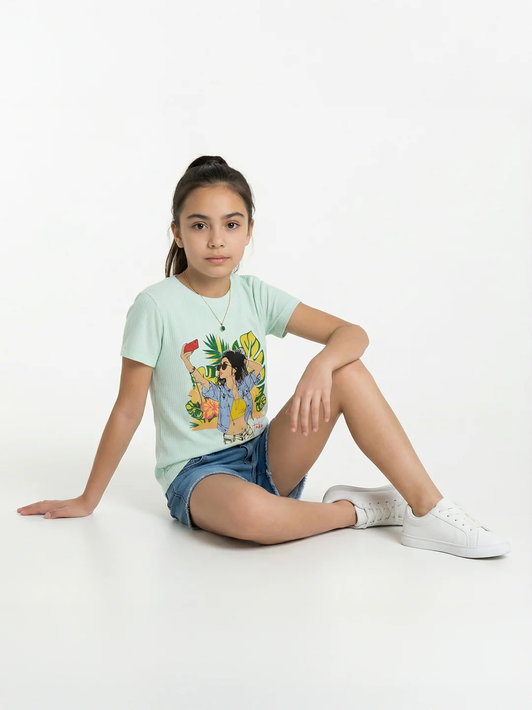 Girls Sea Green Printed Round Neck Half Sleeve Top - Image 5