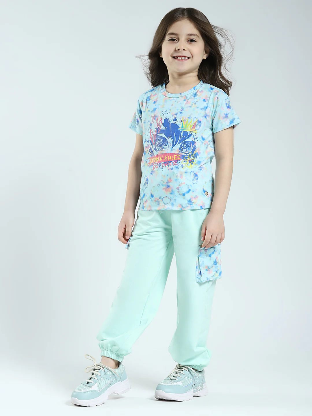 Girls Sea Green Printed Round Neck Half Sleeve Lower Set - Image 3