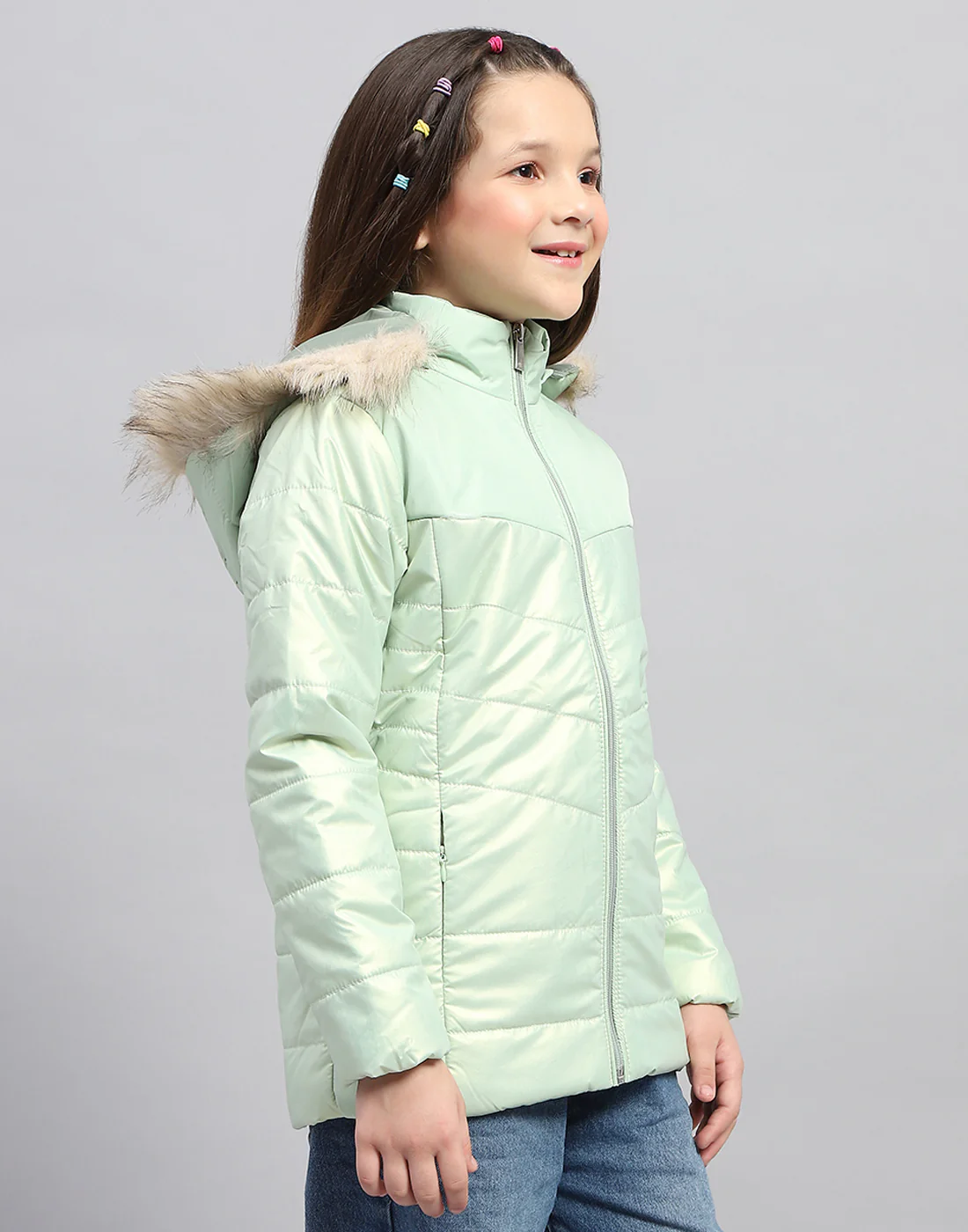 Girls Sea Green Solid Hooded Full Sleeve Jacket - Image 4