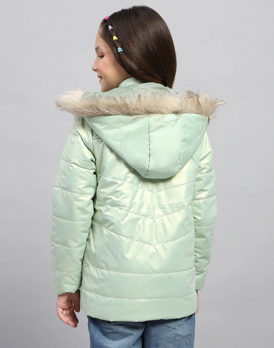 Girls Sea Green Solid Hooded Full Sleeve Jacket - Image 5