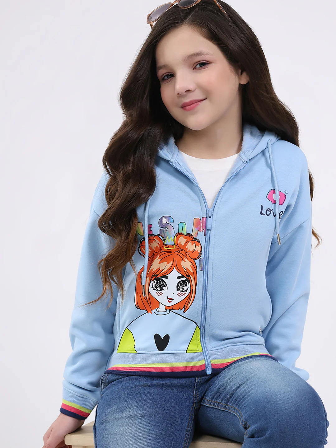 Girls Sky Blue Printed Hooded Full Sleeve Sweatshirt - Image 6