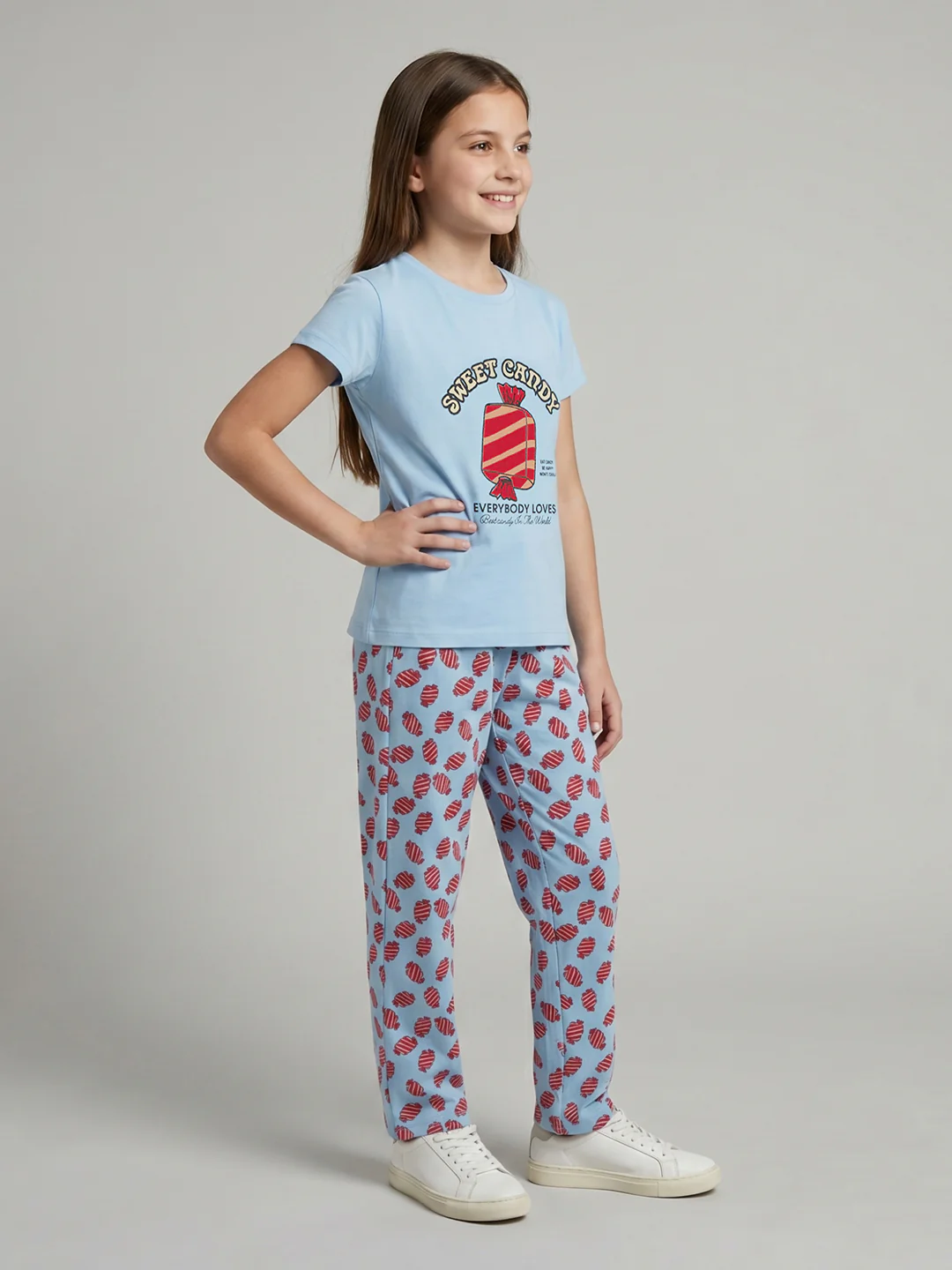 Girls Sky Blue Printed Round Neck Half Sleeve Lower Set - Image 2