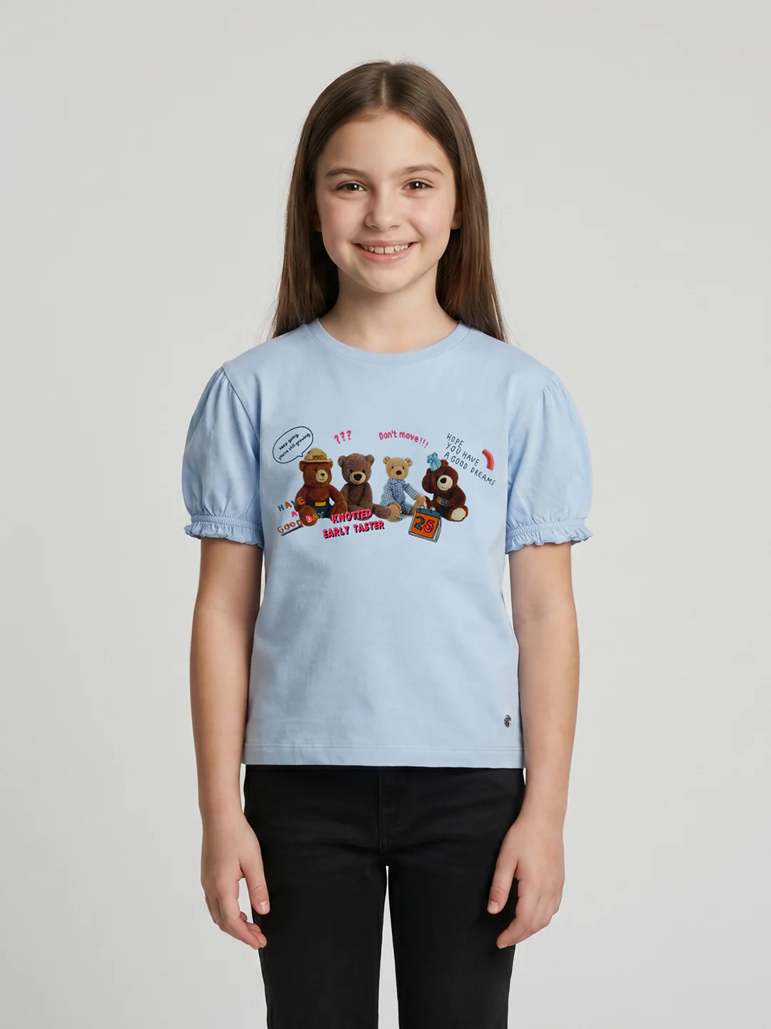 Girls Sky Blue Printed Round Neck Half Sleeve Top