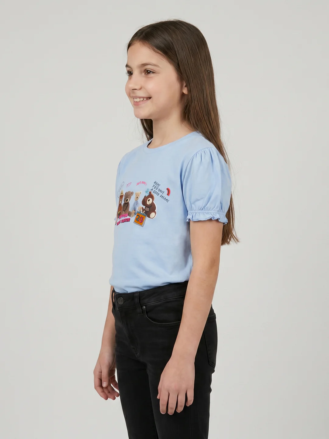 Girls Sky Blue Printed Round Neck Half Sleeve Top - Image 2