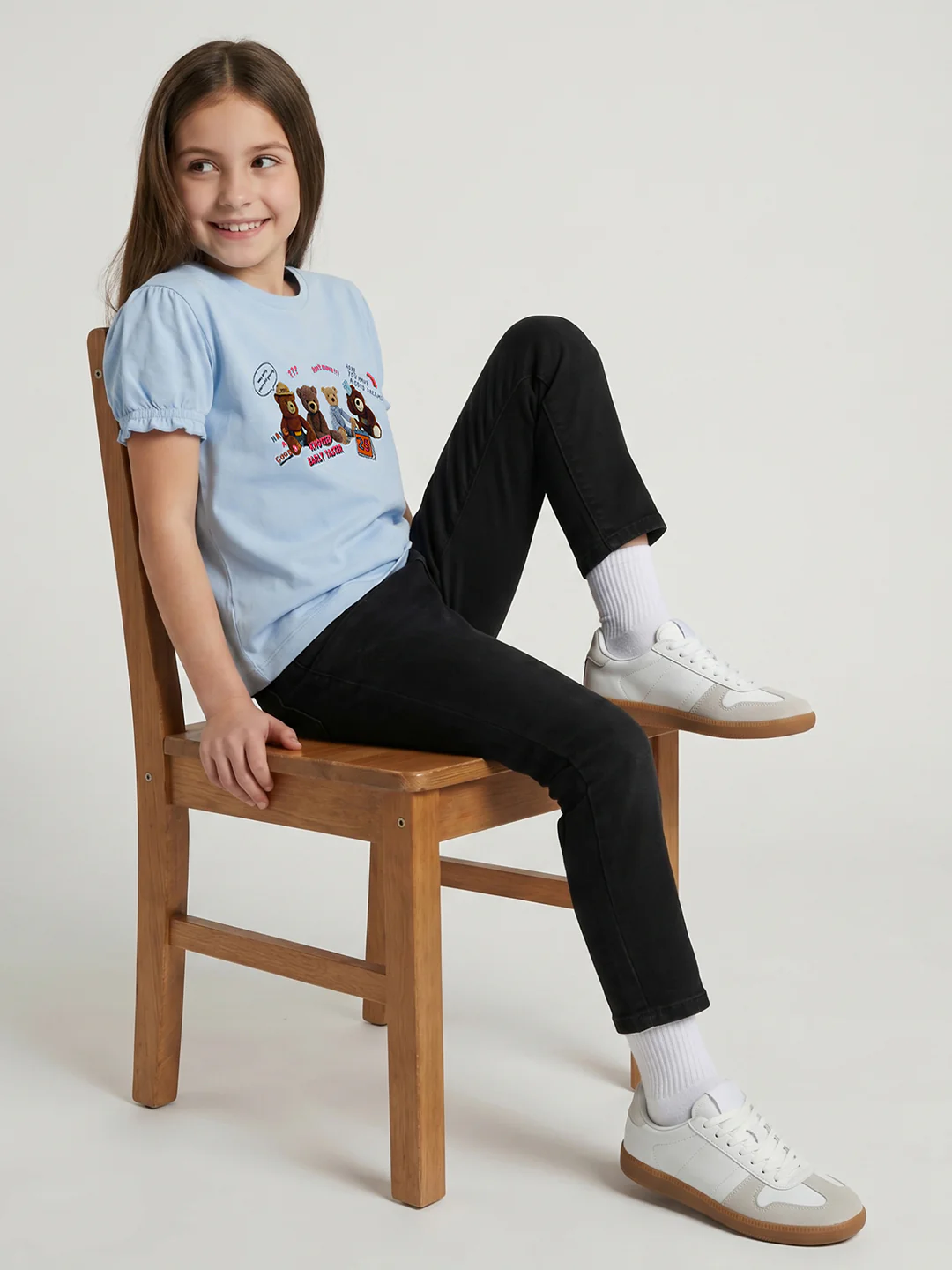 Girls Sky Blue Printed Round Neck Half Sleeve Top - Image 5