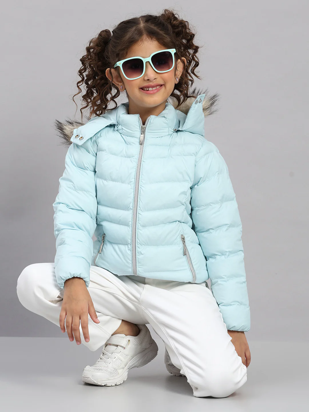 Girls Sky Blue Self Design Hooded Full Sleeve Jacket - Image 2