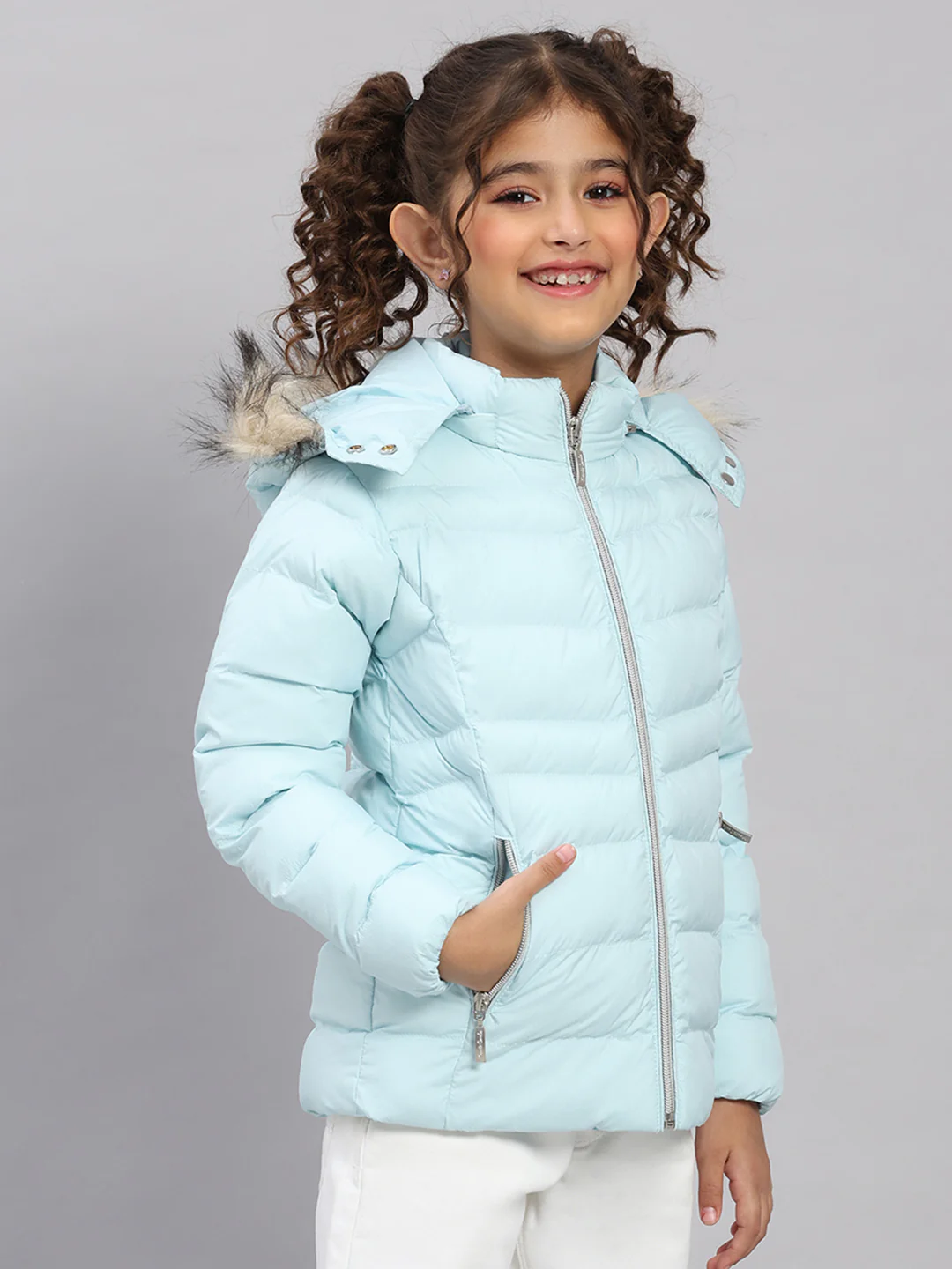 Girls Sky Blue Self Design Hooded Full Sleeve Jacket - Image 4