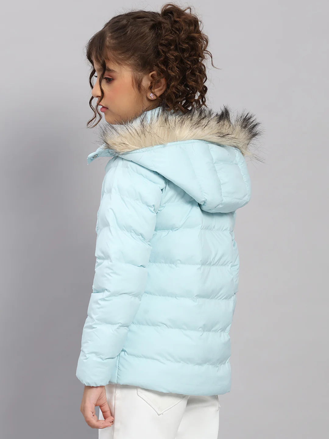 Girls Sky Blue Self Design Hooded Full Sleeve Jacket - Image 5