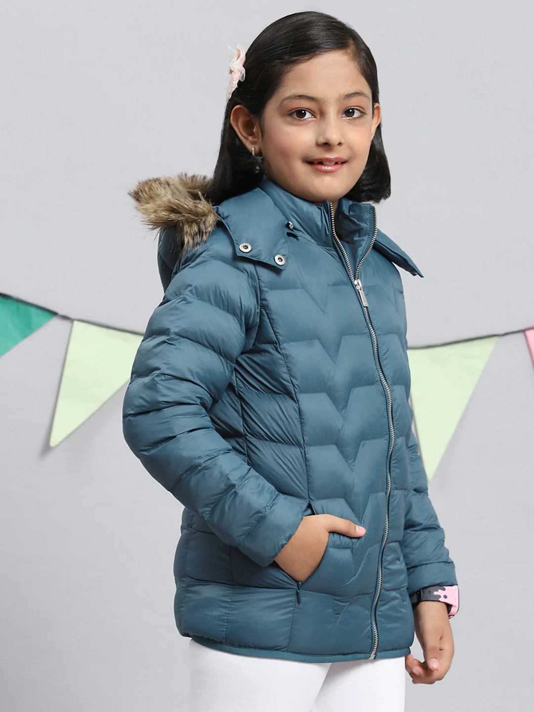 Girls Teal Blue Plain Jacket - Image 2