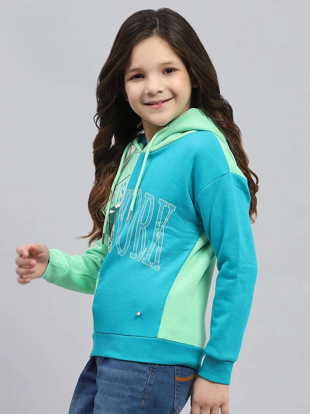 Girls Teal Blue Printed Hooded Full Sleeve Sweatshirt - Image 3