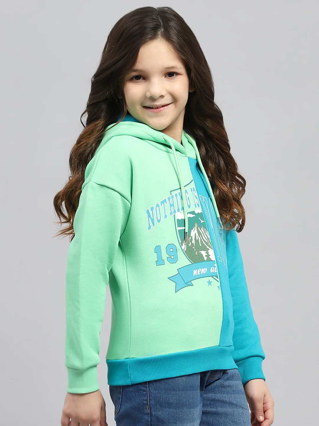 Girls Teal Blue Printed Hooded Full Sleeve Sweatshirt - Image 4