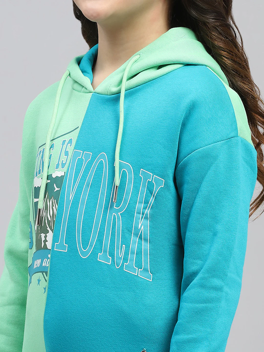 Girls Teal Blue Printed Hooded Full Sleeve Sweatshirt - Image 7