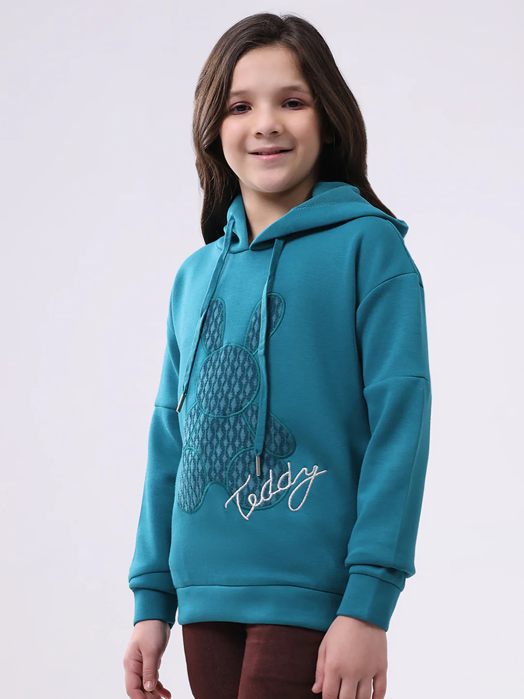 Girls Teal Blue Printed Hooded Full Sleeve Sweatshirt - Image 3