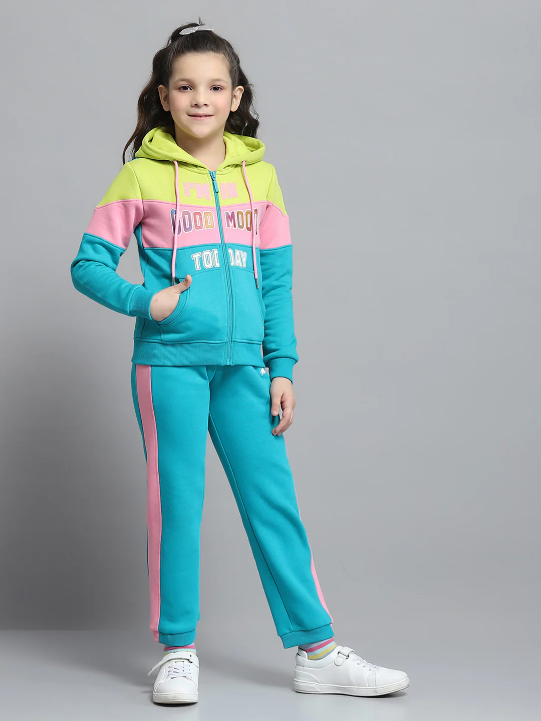 Girls Teal Blue Printed Hooded Full Sleeve Tracksuit - Image 4